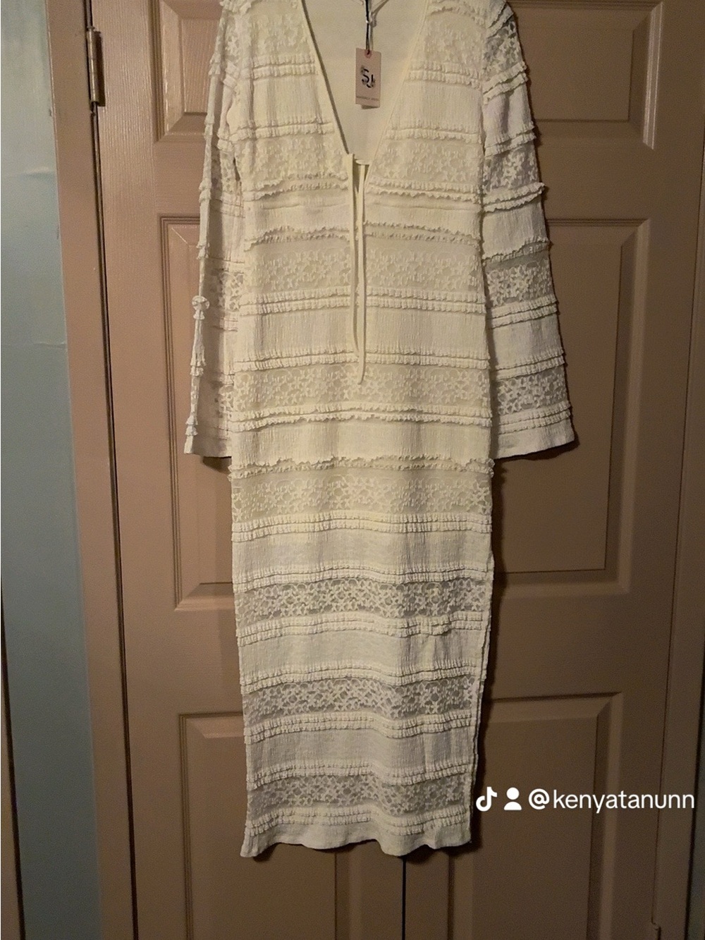 Sincerely Jules Cream Textured Lace Midi Dress with V-Neck